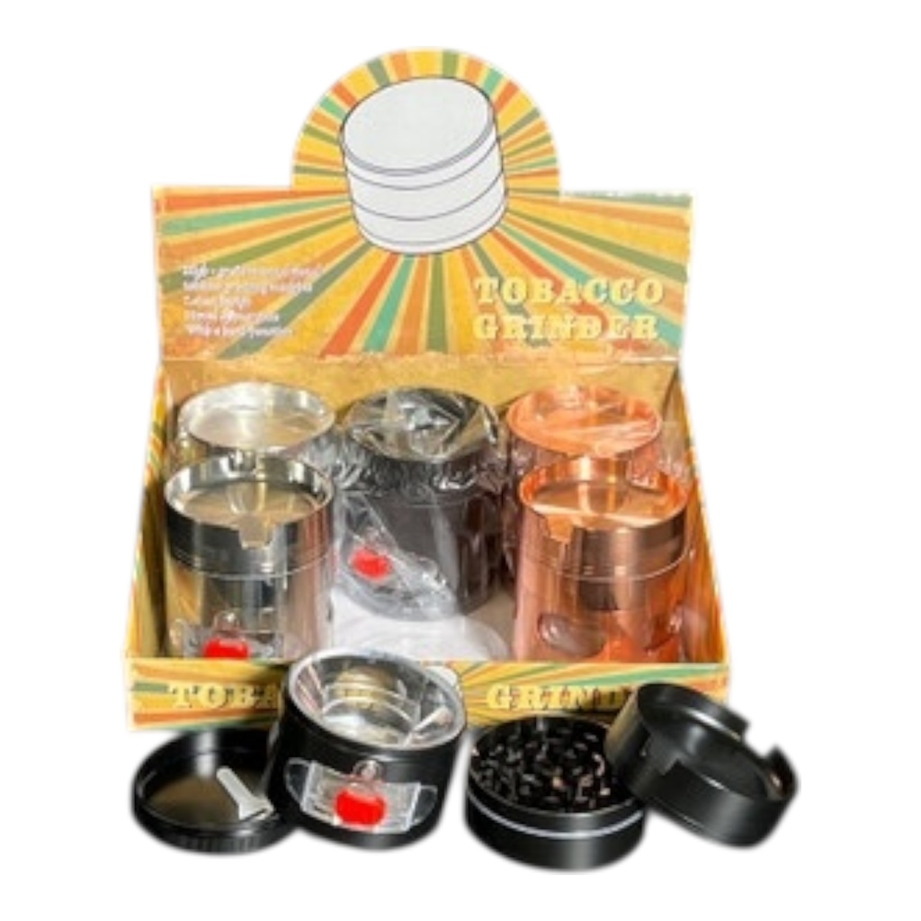 TOBACCO GRINDER WITH SIDE WINDOW AND HOLDER TOP 4 PARTS #CGD-145-1P BOX OF 6