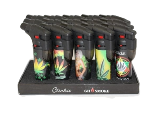 [ITM120720012317] CLICKIT SINGLE TORCH LIGHTERS ASSORTED DESIGNS GH-10877 BOX OF 15