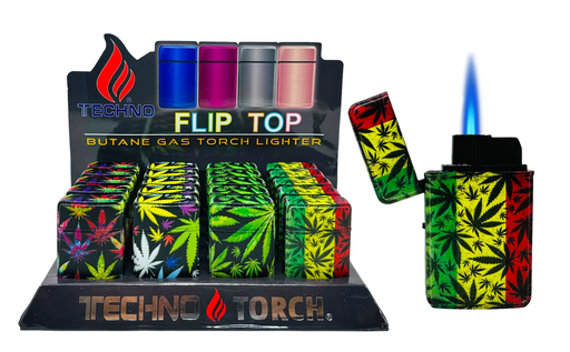 [TECH-19191] TECHNO TORCH #19607-CB1 CANNABIS DESIGN FLIP TOP TORCH LIGHTERS BOX OF 20
