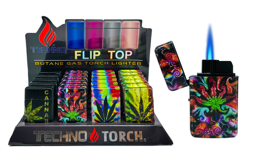 [TECH-19193] TECHNO TORCH #19607-CB2 CANNABIS DESIGN FLIP TOP TORCH LIGHTERS BOX OF 20