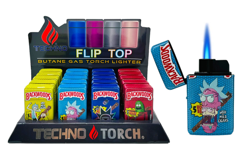 [TECH-19199] TECHNO TORCH #19607-BWRM BACKWOODS RICK & MORTY DESIGN FLIP TOP TORCH LIGHTERS BOX OF 20