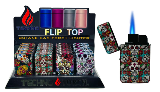 [TECH-25906] TECHNO TORCH #19607-SS SUGAR SKULL DESIGN FLIP TOP TORCH LIGHTERS BOX OF 20