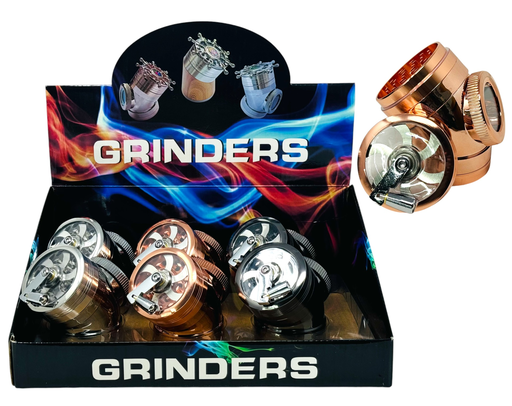 [TOBA-26672] TOBACCO GRINDERS CURVED 4 PARTS WITH SIDE WINDOW AND HANDLE TOP #CF-63387-1 BOX OF 6